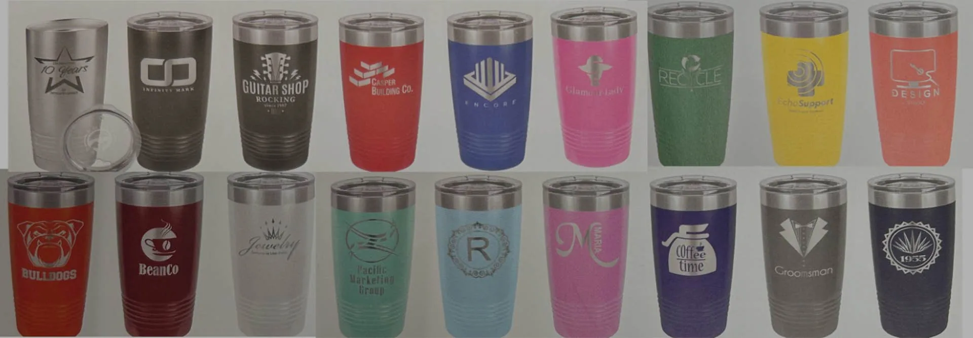 Range of powder coated Polar Camel tumblers in dozens of colors