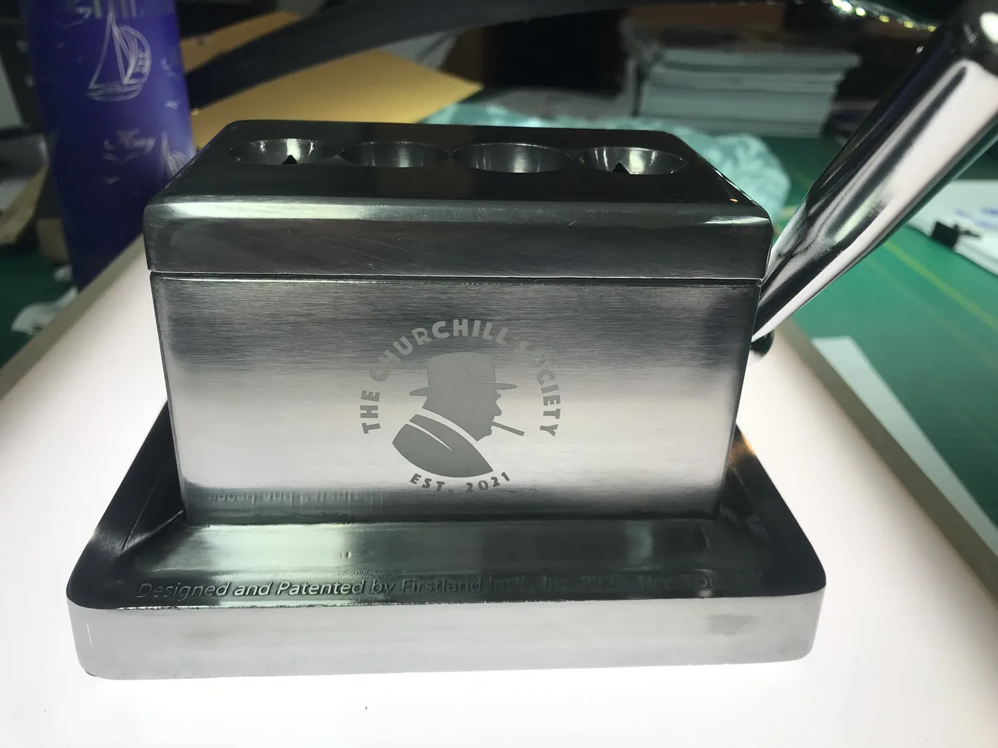 Engraved stainless steel desk award for The Churchill Society